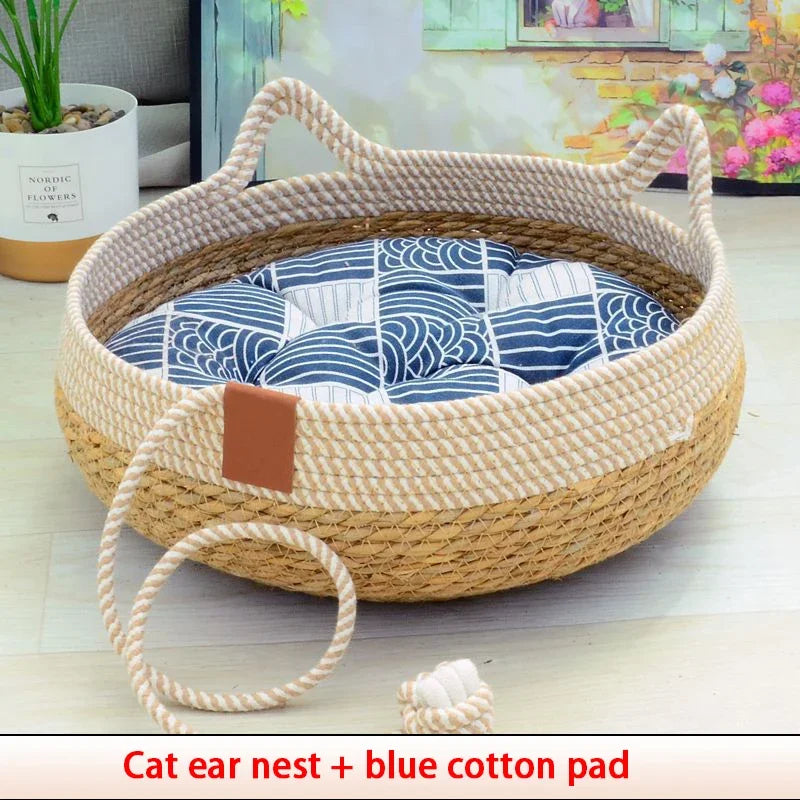 Cama de verano para gatos, tejida, con tapicería extraíble, casita para dormir, rascador de suelo, ratán, resistente al desgaste, lavable, accesorios para mascotas para gatos, 35