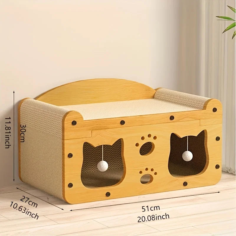 Tábua de arranhar para gatos 2 em 1 e poste de arranhar – túnel interativo e esconderijo para gatos internos
