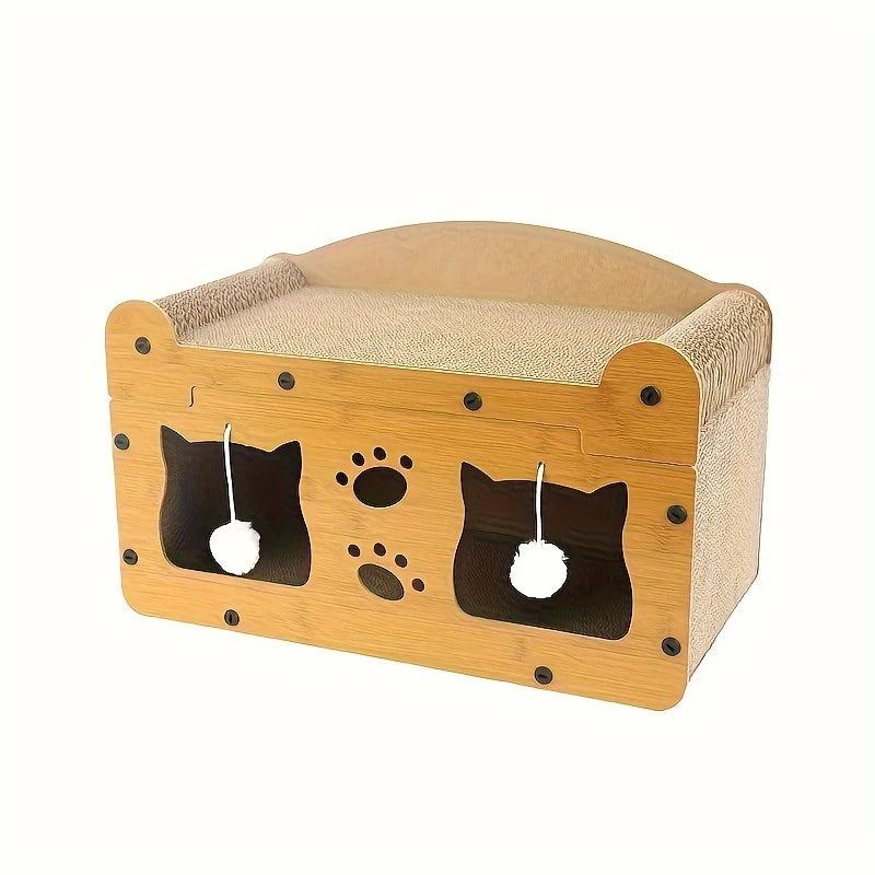 Tábua de arranhar para gatos 2 em 1 e poste de arranhar – túnel interativo e esconderijo para gatos internos