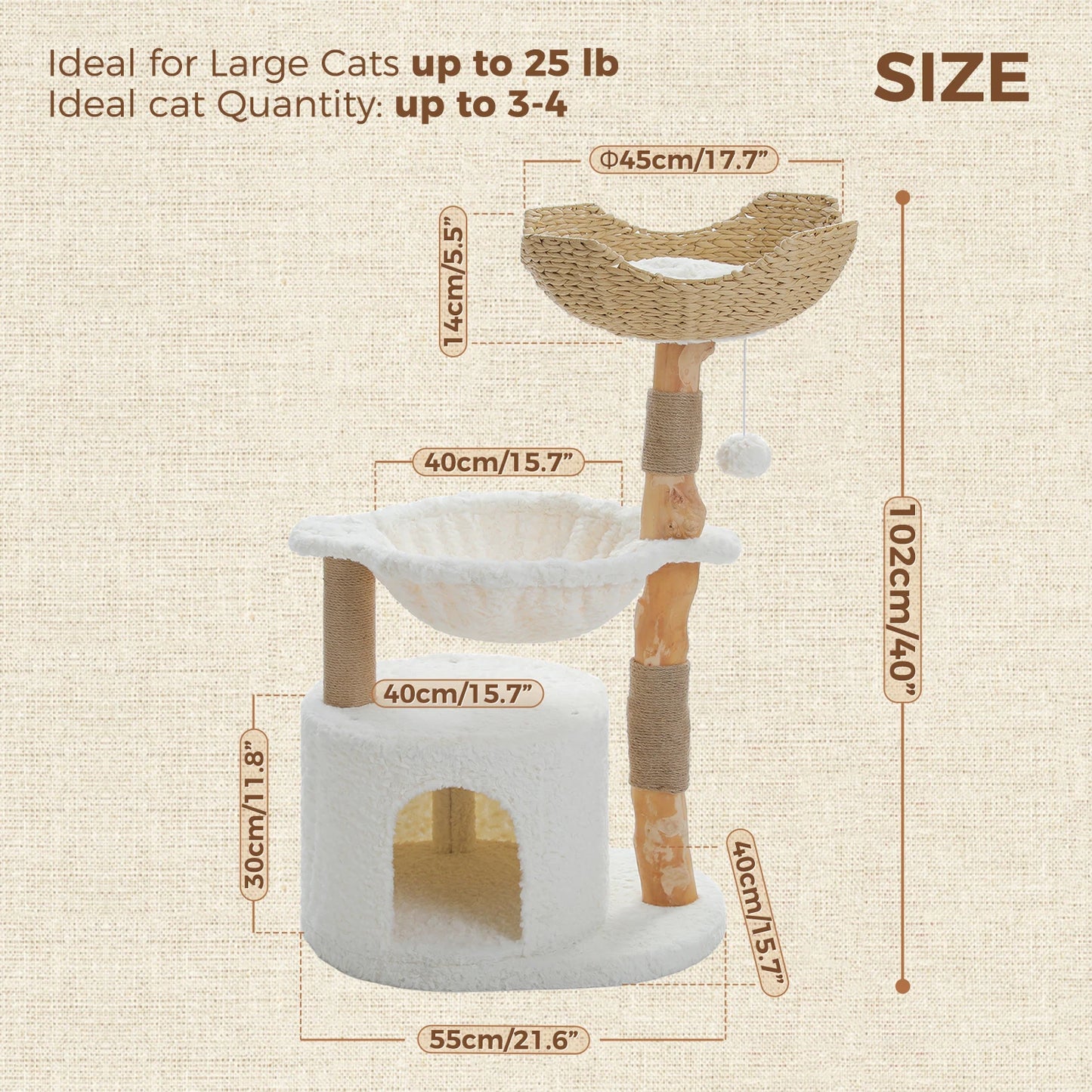 Modern Cat Tree with Natural Wood – Luxury Cat Tower with Wicker Basket, Spacious Condo & Deep Hammock
