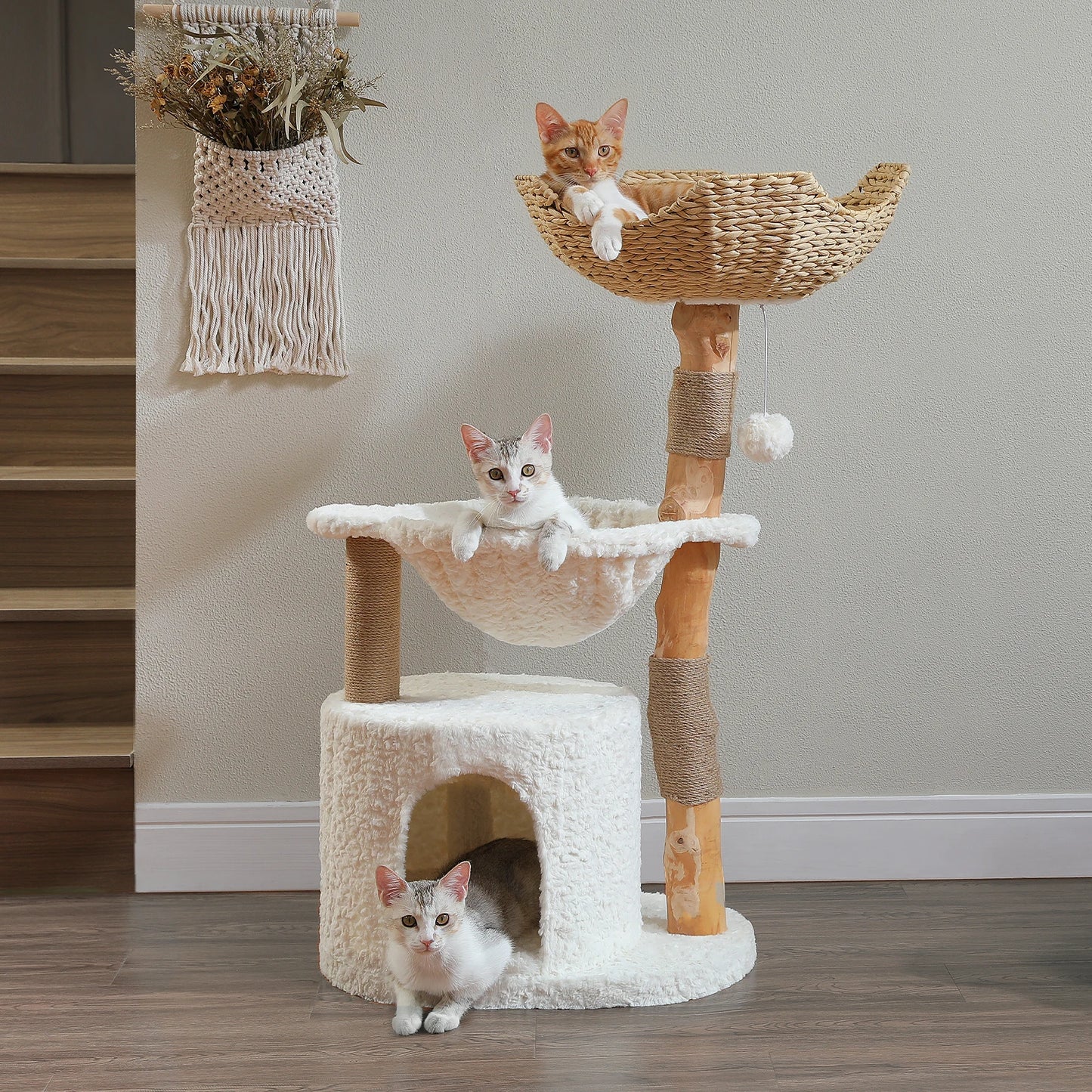 Modern Cat Tree with Natural Wood – Luxury Cat Tower with Wicker Basket, Spacious Condo & Deep Hammock