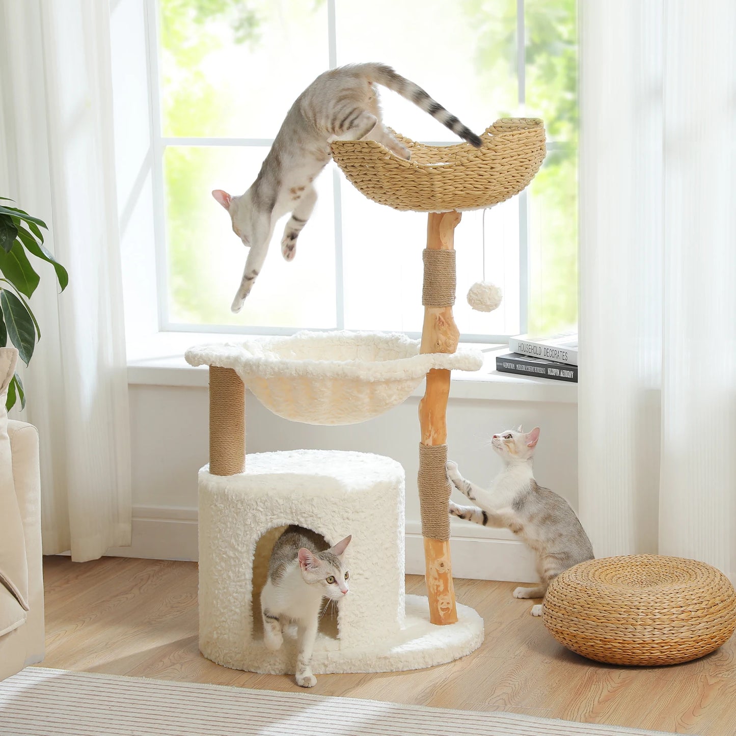 Modern Cat Tree with Natural Wood – Luxury Cat Tower with Wicker Basket, Spacious Condo & Deep Hammock