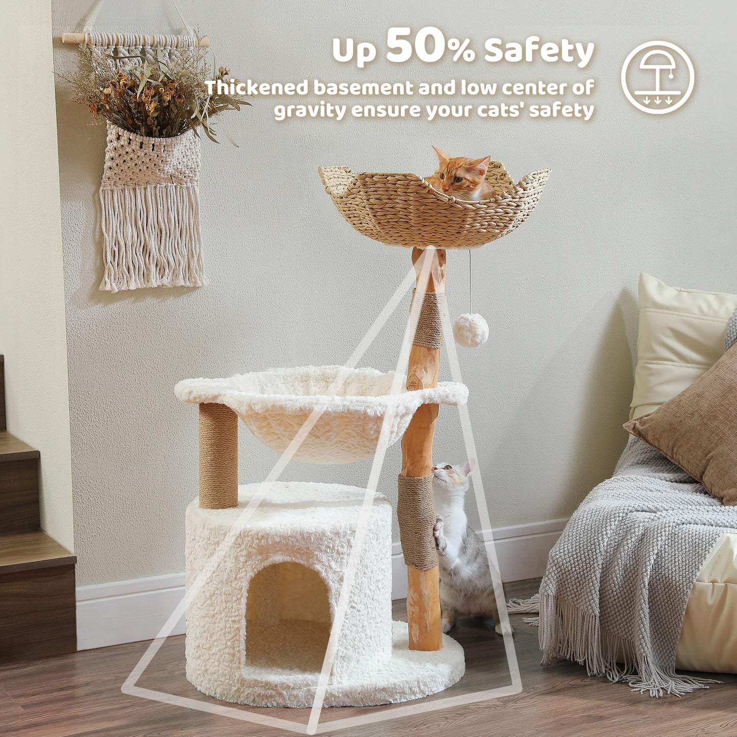 Modern Cat Tree with Natural Wood – Luxury Cat Tower with Wicker Basket, Spacious Condo & Deep Hammock