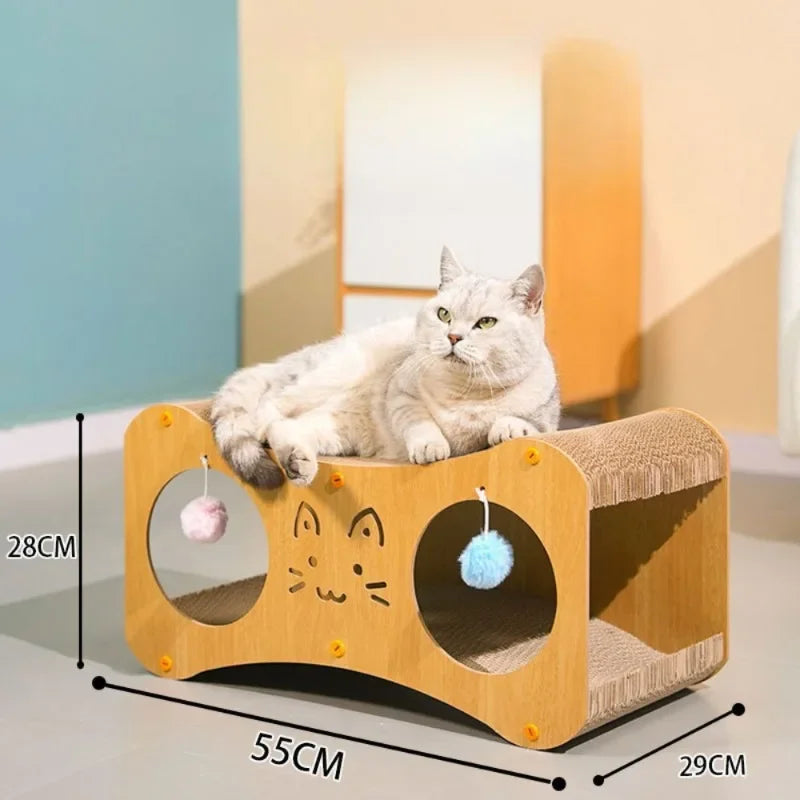 Double-Layer Tunnel Cat Scratching Board – Cat House Nest with Teasing Ball & Claw Grinding Corrugated Paper