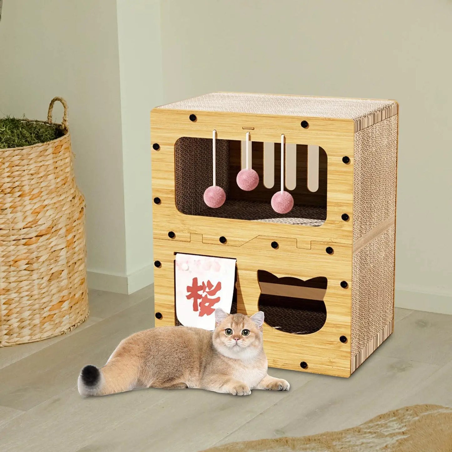 Arranhador de papelão ondulado multifuncional para gatos e centro de atividades – Almofada para arranhar, cama e brinquedo