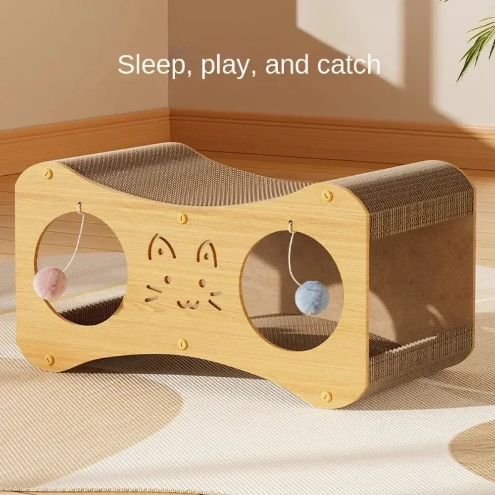 Double-Layer Tunnel Cat Scratching Board – Cat House Nest with Teasing Ball & Claw Grinding Corrugated Paper